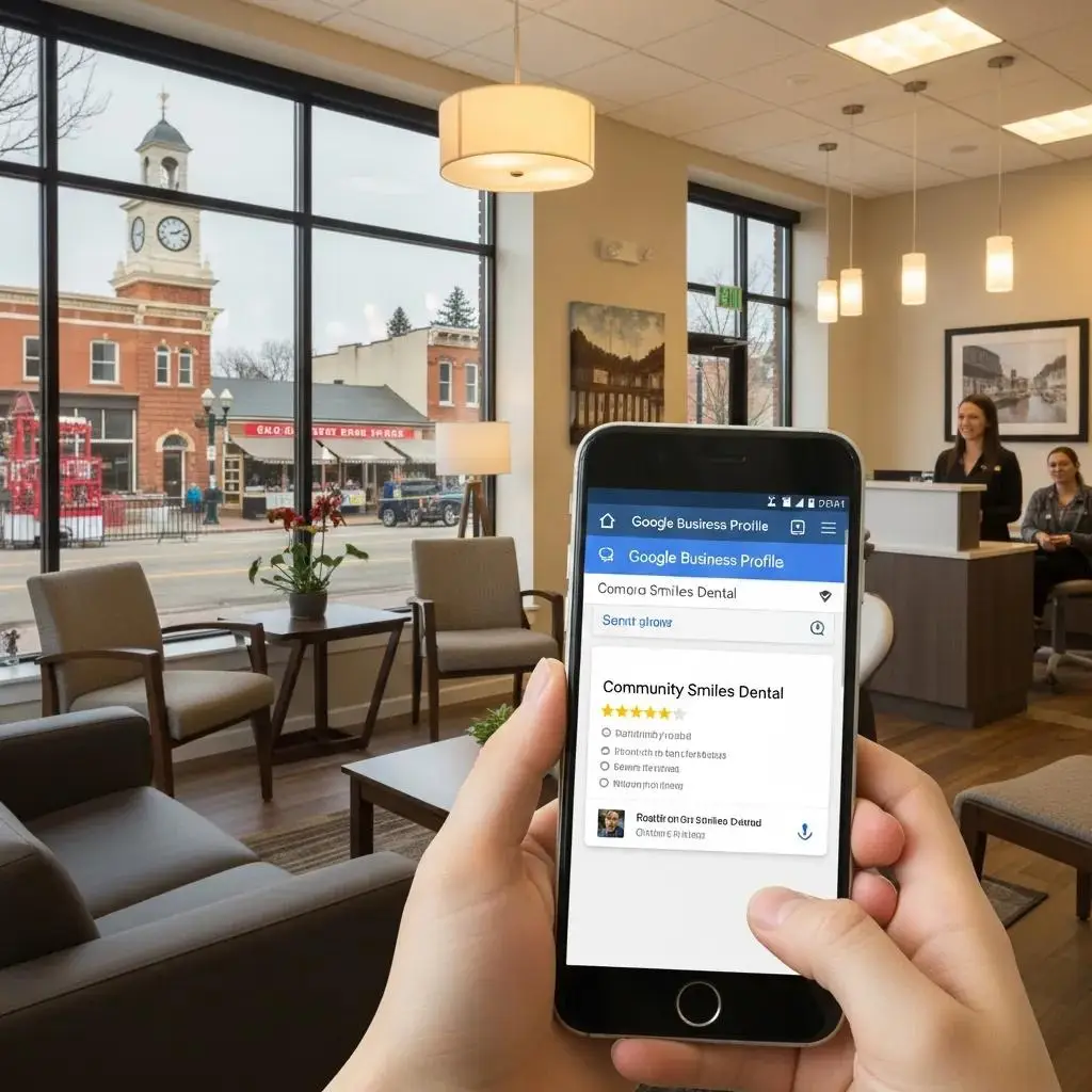 Dental office showcasing local SEO importance with Google Business Profile on smartphone