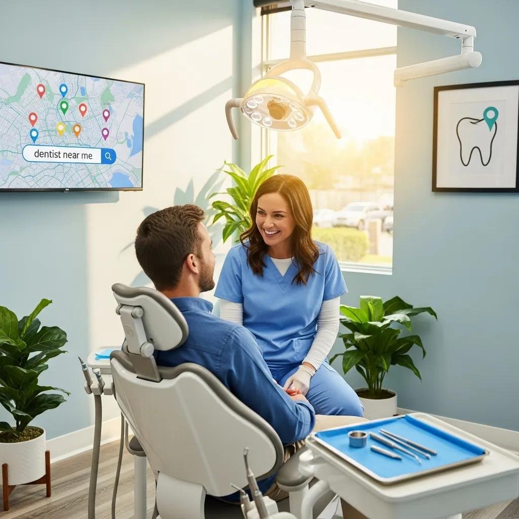Dental office with a dentist and patient, emphasizing local SEO for dental practices
