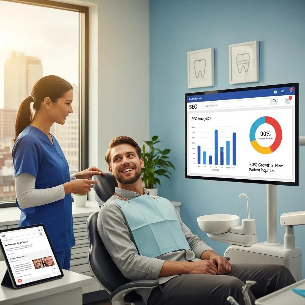Dental practice with digital marketing focus, highlighting SEO analytics and patient interaction