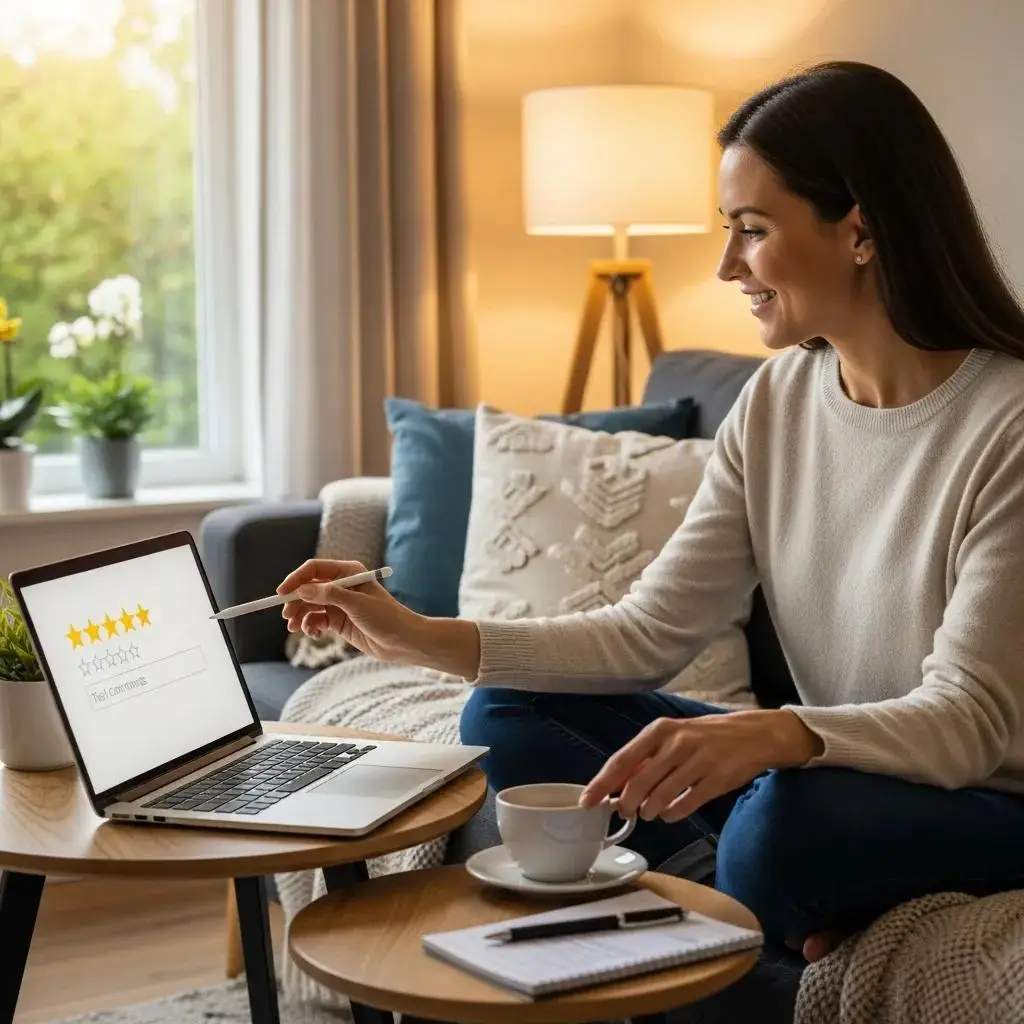 Happy patient writing a positive review on a device, showcasing the importance of patient feedback