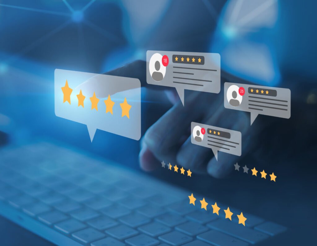 image of 5 star reviews hovering over a keyboard