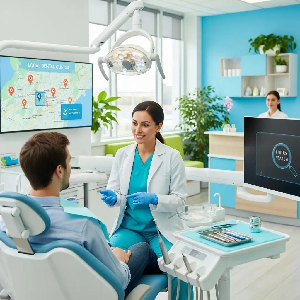 Modern dental office with a dentist and patient, highlighting local SEO strategies