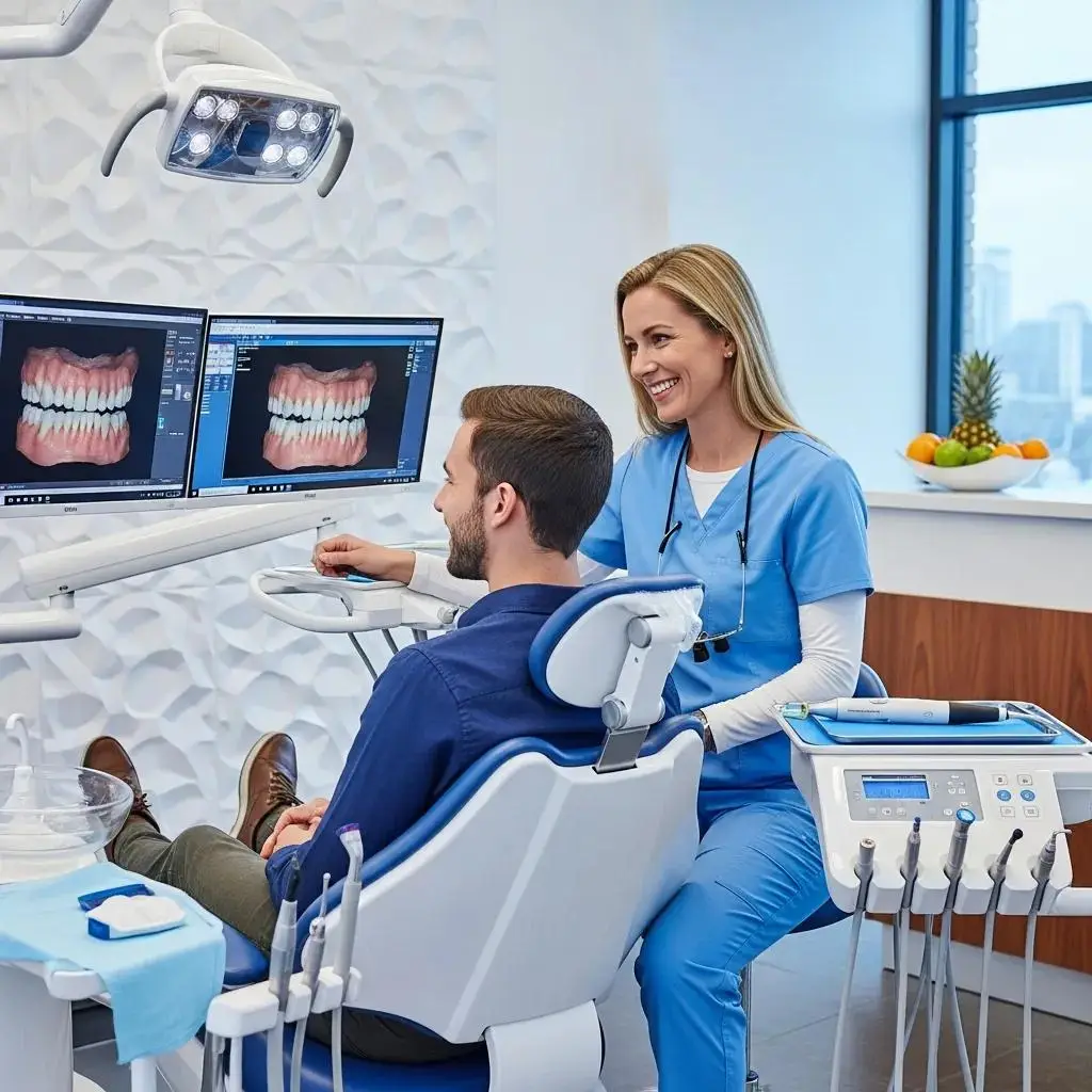 Modern dental practice with a dentist and patient, emphasizing AI-driven SEO strategies