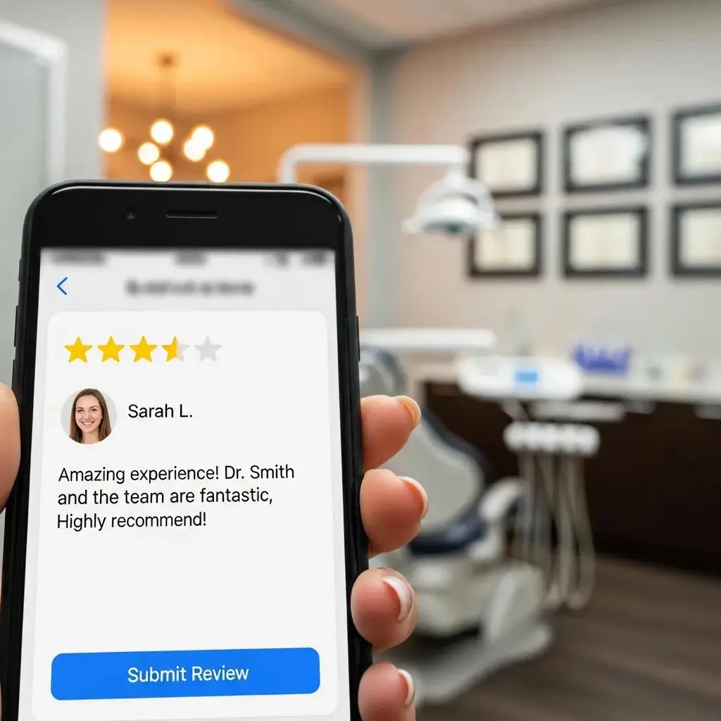 Patient leaving a 5-star review for a dental practice on a smartphone