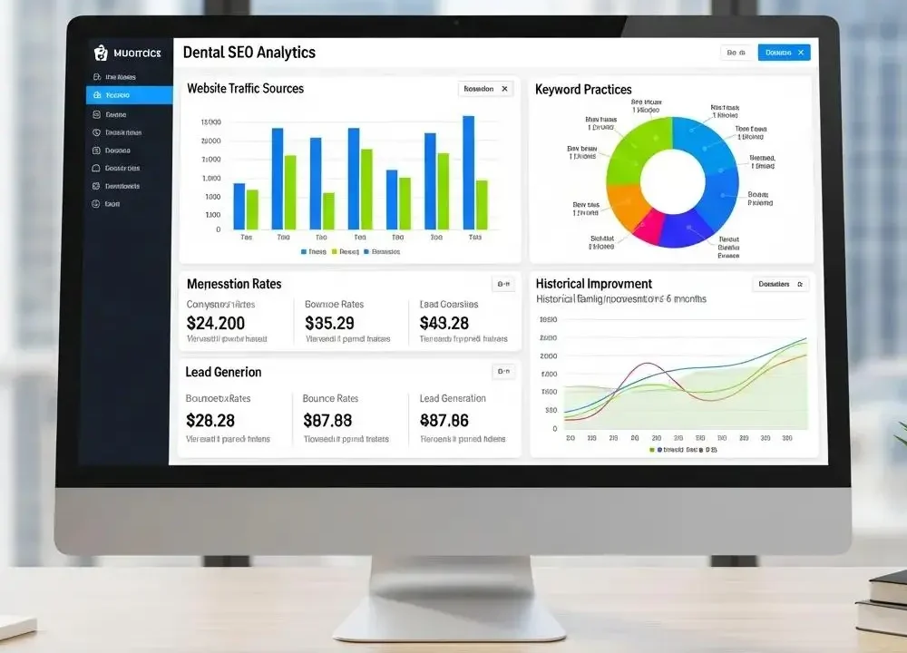 Image of a desktop computer with charts, analytics, and graphs on the screen