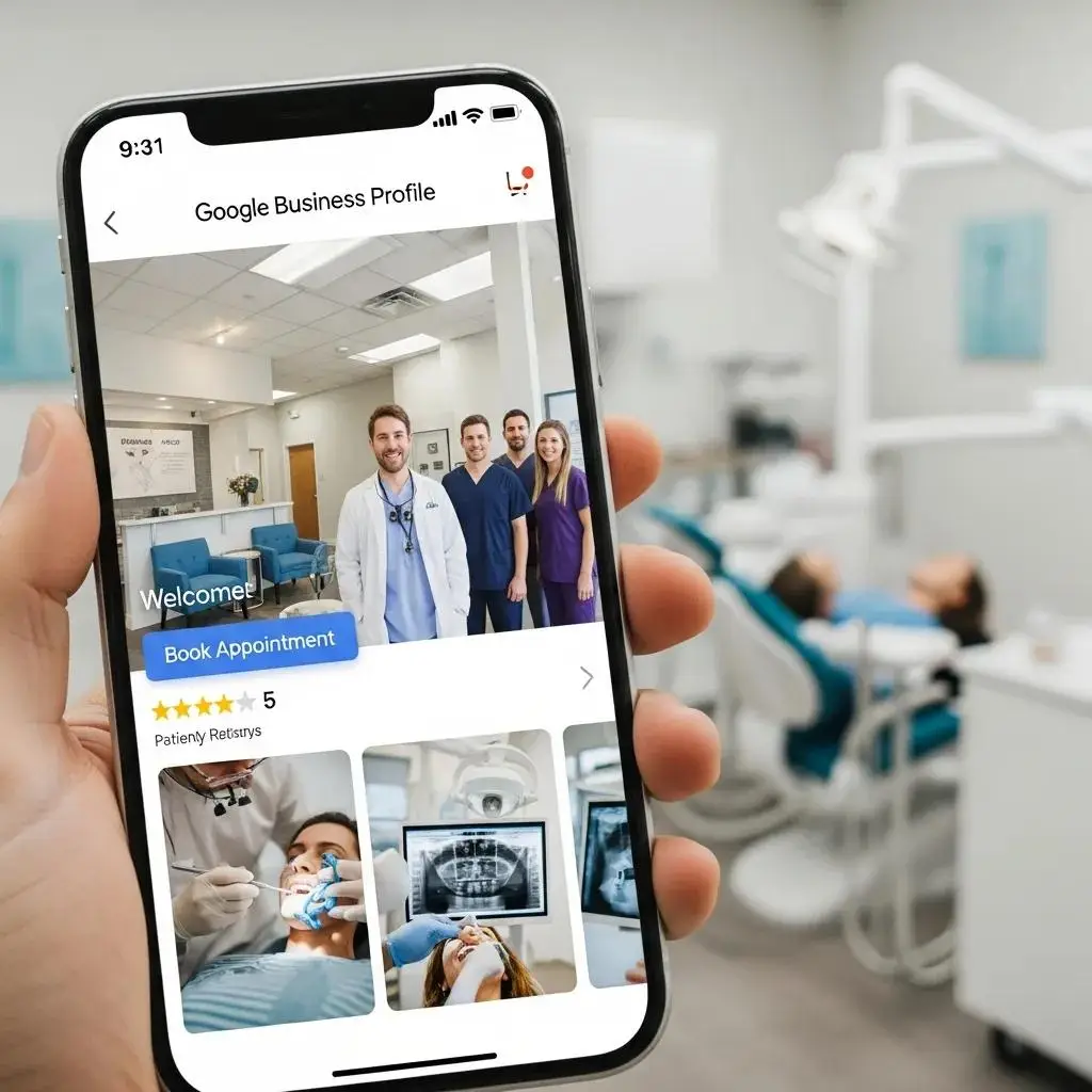 Smartphone displaying a dental practice's Google Business Profile with engaging visuals